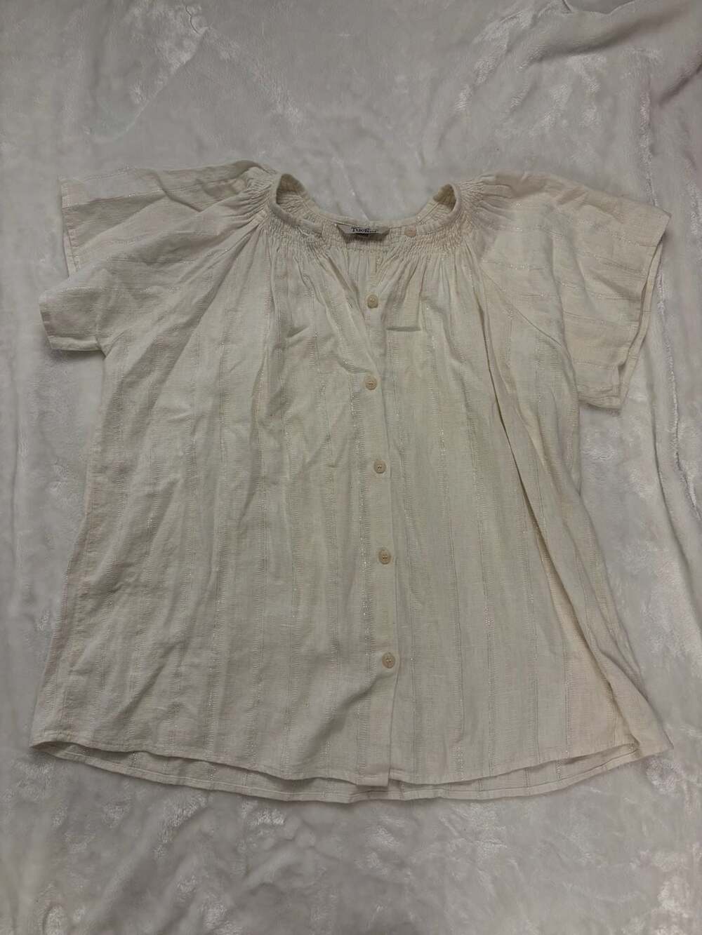 Tucker 100% Linen Shimmer Metallic Stripe Short Sleeve Button Front Blouse